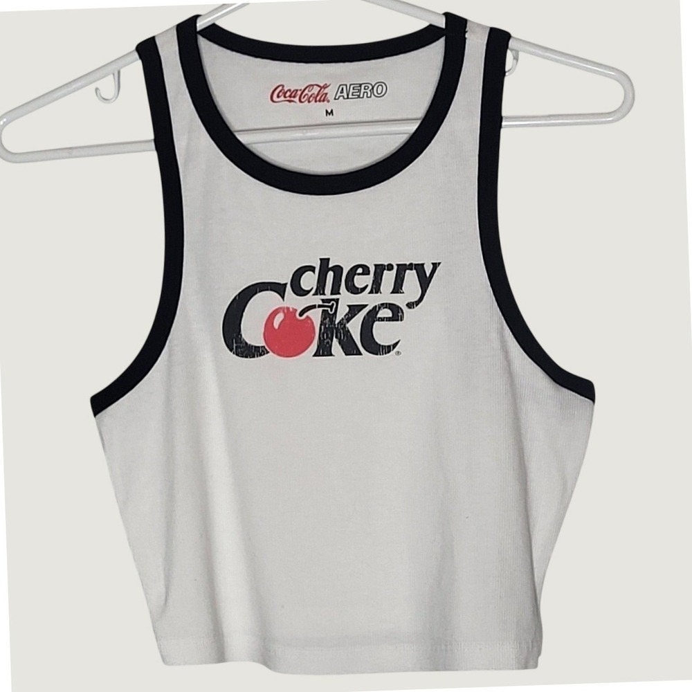 Aeropostale Coca-Cola Cherry Coke Ringer Crop Tank Top White Black Medium